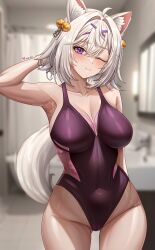 Rule 34 | 1girl, abpart, absurdres, animal ears, armpits, bare arms, bare shoulders, bathroom, blurry, blurry background, blush, breasts, cleavage, closed mouth, collarbone, cowboy shot, filian (vtuber), hair ornament, highres, indie virtual youtuber, indoors, large breasts, leotard, one eye closed, purple eyes, purple leotard, sleeveless, smile, solo, tail, thighs, virtual youtuber, white hair