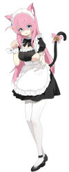 Rule 34 | 1girl, absurdres, animal ears, apron, bell, black bow, black bowtie, black dress, black footwear, blue eyes, blush, bocchi the rock!, bow, bowtie, bra, bra visible through clothes, breasts, cat ears, cat girl, cat tail, detached collar, dress, flats, gotoh hitori, hair ornament, hands up, highres, kemonomimi mode, long hair, looking at viewer, maid apron, maid headdress, medium breasts, one side up, open mouth, pantyhose, paw pose, pink hair, romana, shaded face, short sleeves, simple background, solo, standing, tail, tail bell, tail bow, tail ornament, underwear, white background, white bra, white pantyhose, wrist cuffs