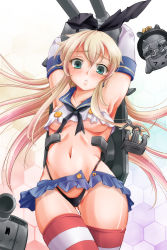 Rule 34 | 10s, 1girl, :&lt;, anchor, anchor hair ornament, arms up, black panties, blonde hair, blue eyes, blush, breasts, elbow gloves, gloves, hair ornament, hairband, highres, kantai collection, long hair, looking at viewer, navel, panties, pantyshot, personification, rensouhou-chan, shimakaze (kancolle), skirt, small breasts, solo, striped clothes, striped thighhighs, thighhighs, tsukineko, turret, unbuttoned, underboob, underwear, upskirt, white gloves