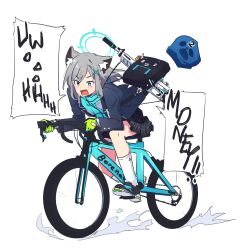 Rule 34 | 1girl, absurdres, animal ear fluff, animal ears, aqua eyes, aqua scarf, bag, balaclava, bicycle, black skirt, blue archive, blue halo, blue jacket, blush, commentary, cross hair ornament, english commentary, english text, gloves, green gloves, grey hair, gun, hair ornament, halo, highres, jacket, mask, mismatched pupils, open mouth, plaid, plaid skirt, riding, riding bicycle, scarf, seal 007, shiroko (blue archive), shoes, short hair, shoulder bag, shouting, simple background, skirt, sneakers, socks, solo, speech bubble, sweat, unworn mask, weapon, white background, white socks, wolf ears