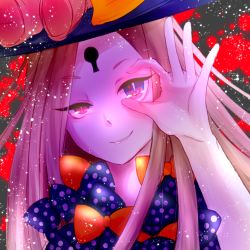 Rule 34 | 1girl, abigail williams (fate), abigail williams (second ascension) (fate), arm up, black bow, black hat, blonde hair, bow, closed mouth, commentary request, fate/grand order, fate (series), hat, head tilt, keyhole, long hair, looking at viewer, orange bow, parted bangs, polka dot, polka dot bow, purple eyes, reki (r rl4), smile, solo, stuffed animal, stuffed toy, teddy bear, uneven eyes, very long hair, witch hat