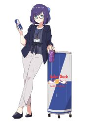 Rule 34 | 1girl, a-chan (2nd costume) (hololive), a-chan (hololive), absurdres, black-framed eyewear, black footwear, black jacket, blazer, blue bow, blue eyes, bow, brand name imitation, can, closed mouth, commentary, crossed legs, donkoni, drink, english commentary, flat chest, full body, glasses, grey shirt, hair bow, high heels, highres, holding, holding can, hololive, id card, jacket, lanyard, light smile, looking at viewer, open clothes, open jacket, pants, purple hair, red bull, semi-rimless eyewear, shirt, short hair, simple background, solo, standing, striped clothes, striped shirt, subaru duck, swept bangs, thigh gap, vertical-striped clothes, vertical-striped shirt, virtual youtuber, watson cross, white background, white pants
