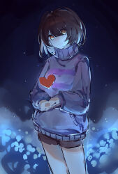 Rule 34 | 1girl, absurdres, brown hair, brown shorts, commentary, cowboy shot, dark, dark background, english commentary, flower, frisk (undertale), heart, highres, long sleeves, looking at viewer, object floating above hand, orange eyes, purple sweater, short hair, shorts, sketch, solo, standing, sweater, turtleneck, turtleneck sweater, undertale, xi nai