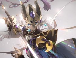 Rule 34 | 1boy, blue eyes, closed mouth, fake horns, fate/grand order, fate (series), prince of lan ling (fate), gloves, holding, holding sword, holding weapon, horned headwear, horned mask, horns, male focus, mask, no-kan, short hair, silver hair, simple background, solo, sword, weapon