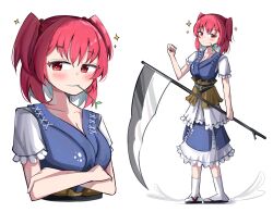 Rule 34 | 1girl, blush, breasts, cleavage, closed mouth, commentary, crossed arms, hair bobbles, hair ornament, highres, holding, holding scythe, large breasts, looking at viewer, medium breasts, multiple views, obi, onozuka komachi, red hair, sandals, sash, scythe, short sleeves, simple background, smile, spam (spamham4506), standing, star (symbol), touhou, two side up, white background, zouri