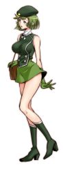 Rule 34 | 1girl, absurdres, bag, beret, blouse, bob cut, boots, breasts, brooch, carrying, cutie honey, full body, gloves, green eyes, green footwear, green gloves, green hair, green hat, green shirt, green skirt, handbag, hat, heel up, high heel boots, high heels, highres, idol honey, itachou, jewelry, kisaragi honey, large breasts, looking to the side, miniskirt, open mouth, shirt, short hair, simple background, skirt, sleeveless, sleeveless shirt, solo, standing, turtleneck, white background