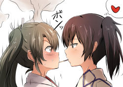 Rule 34 | 10s, 2girls, brown eyes, brown hair, commentary request, constricted pupils, grey hair, hair ribbon, head steam, heart, japanese clothes, kaga (kancolle), kantai collection, long hair, looking at another, multiple girls, pocky, pocky kiss, profile, ribbon, shared food, short hair, side ponytail, simple background, tai (nazutai), tasuki, thought bubble, translation request, trembling, twintails, upper body, white background, yuri, zuikaku (kancolle)