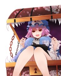 Rule 34 | 1girl, :d, arano oki, bare legs, breasts, chain, female focus, floral print, hat, in container, japanese clothes, kimono, knees together feet apart, large breasts, legs, long sleeves, looking at viewer, mimic, mimic chest, mob cap, open mouth, pink hair, red eyes, ribbon, saigyouji yuyuko, shaded face, sharp teeth, short hair, simple background, smile, solo, teeth, touhou, treasure chest, triangular headpiece, veil, white background