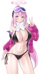Rule 34 | 1girl, absurdres, bikini, black bikini, blue archive, blush, breasts, cowboy shot, eimi (blue archive), eimi (swimsuit) (blue archive), goggles, goggles on head, groin, halo, highres, jacket, large breasts, long hair, long sleeves, looking at viewer, navel, official alternate costume, open clothes, open jacket, parted lips, pink eyes, pink hair, pink halo, pink jacket, ponytail, reneua, simple background, solo, swimsuit, v, white background