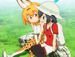 Rule 34 | 10s, 2girls, animal ears, backpack, bag, bare shoulders, between legs, black gloves, black hair, blue eyes, bow, bowtie, breasts, bucket hat, collarbone, commentary request, elbow gloves, eyelashes, feathers, footwear ribbon, gloves, grass, hand between legs, hat, hat feather, highres, kaban (kemono friends), kemono friends, looking at another, looking away, medium breasts, multiple girls, official style, orange eyes, orange hair, outdoors, pantyhose, red shirt, ribbon, rock, safari hat, sanpaku, sat-c, serval (kemono friends), serval print, shadow, shirt, short hair, shorts, sitting, skirt, sleeveless, sleeveless shirt, smile, socks, tareme, thighhighs, white footwear, white shirt