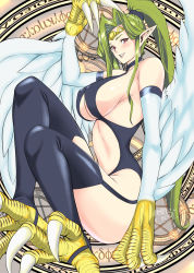 Rule 34 | 1girl, breasts, claws, green hair, harpie queen, highres, huge breasts, pointy ears, ponytail, smile, yu-gi-oh!