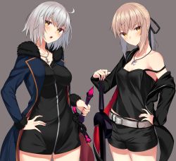 Rule 34 | 2girls, absurdres, artoria pendragon (all), artoria pendragon (fate), bad id, bad twitter id, belt, black dress, black jacket, black ribbon, black shirt, black shorts, blonde hair, blue coat, blush, camisole, closed mouth, coat, commentary request, cowboy shot, cross, cross necklace, dress, excalibur morgan (fate), fate/grand order, fate (series), frown, fur-trimmed coat, fur trim, grey background, hair ribbon, hand on own hip, head tilt, highres, holding, holding sword, holding weapon, jacket, jeanne d&#039;arc (fate), jeanne d&#039;arc alter (fate), jeanne d&#039;arc alter (ver. shinjuku 1999) (fate), jewelry, jun (aousa0328), long sleeves, looking at viewer, medium hair, multiple girls, necklace, off shoulder, official alternate costume, open clothes, open coat, open jacket, open mouth, ponytail, ribbon, saber alter, saber alter (ver. shinjuku 1999) (fate), shirt, short dress, short hair, short shorts, shorts, sidelocks, silver hair, simple background, standing, strap slip, sword, weapon, white belt, wicked dragon witch ver. shinjuku 1999, yellow eyes