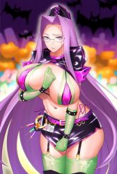 Rule 34 | 1girl, bat (animal), belt, bikini, blindfold, blush, breasts, commentary, cosplay, cowboy shot, fate/grand order, fate (series), florence nightingale (fate), florence nightingale (fate) (cosplay), florence nightingale (trick or treatment) (fate), florence nightingale (trick or treatment) (fate) (cosplay), garter straps, glasses, gloves, graveyard, green gloves, green thighhighs, hat, id card, large breasts, long hair, looking at viewer, matching hair/eyes, medusa (fate), medusa (rider) (fate), minami koyogi, name tag, navel, official alternate costume, pumpkin, purple belt, purple eyes, purple hair, shrug (clothing), skirt, skirt tug, solo, square pupils, swimsuit, syringe, thighhighs, very long hair, zettai ryouiki