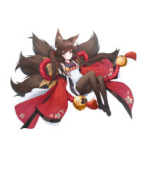 Rule 34 | 1girl, absurdres, amagi-chan (azur lane), animal ear fluff, animal ears, azur lane, black pantyhose, brown hair, commentary, detached sleeves, fox ears, fox girl, fox tail, full body, grey eyes, hair ribbon, hanslsy, highres, hikimayu, japanese clothes, kimono, looking at viewer, multiple tails, no shoes, pantyhose, red ribbon, ribbon, sidelocks, simple background, sleeves past fingers, sleeves past wrists, solo, tail, twintails, very long sleeves, white background, wide sleeves