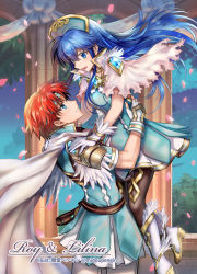 Rule 34 | 1boy, 1girl, :d, armor, belt, black pantyhose, blue dress, blue eyes, blue hair, blue tunic, boots, brown belt, cape, capelet, character name, commentary request, cowboy shot, dress, fingerless gloves, fire emblem, fire emblem: the binding blade, gloves, headband, headdress, highres, lilina (fire emblem), long hair, looking at another, looking up, mintes, nintendo, open mouth, pantyhose, pauldrons, petals, red hair, roy (fire emblem), short dress, short sleeves, shoulder armor, smile, standing, tunic, white cape, white capelet, white footwear, white gloves