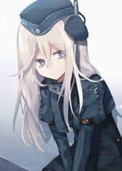 Rule 34 | 1girl, black dress, blonde hair, closed mouth, commentary, cropped jacket, dress, elbow gloves, garrison cap, gloves, grey eyes, grey gloves, grey hat, grey jacket, hair between eyes, hat, highres, jacket, kantai collection, katsuobushi (eba games), long hair, solo, u-511 (kancolle), upper body