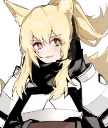 Rule 34 | 1girl, animal ears, aogisa, arknights, armor, blonde hair, hair between eyes, headset, highres, horse ears, horse girl, horse tail, implied extra ears, long hair, looking at viewer, nearl (arknights), open mouth, ponytail, simple background, solo, tail, upper body, white background, yellow eyes