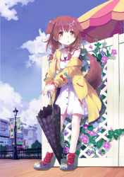 Rule 34 | 1girl, 54hao, animal ears, black umbrella, blue bow, blue footwear, blue sky, bone hair ornament, bow, braid, brown eyes, brown hair, cartoon bone, closed umbrella, cloud, day, dog ears, dog girl, dog tail, dress, flower, hair ornament, hair over shoulder, highres, hololive, inugami korone, inugami korone (1st costume), jacket, lamppost, long hair, long sleeves, low twintails, off shoulder, open clothes, open jacket, outdoors, parasol, pink flower, puffy long sleeves, puffy sleeves, railing, red bow, red socks, ribbed legwear, shoes, sky, sleeveless, sleeveless dress, socks, solo, tail, twin braids, twintails, umbrella, virtual youtuber, white dress, yellow jacket