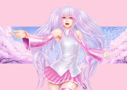 Rule 34 | 1girl, :d, ahoge, armpits, bad id, bad pixiv id, bare shoulders, cherry blossoms, detached sleeves, dress, hatsune miku, long hair, nakacha, necktie, open mouth, outstretched arms, petals, pink background, pink dress, pink eyes, pleated skirt, purple hair, sakura miku, skirt, smile, solo, spread arms, thighhighs, twintails, very long hair, vocaloid, zettai ryouiki