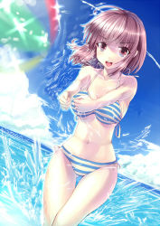 Rule 34 | 1girl, aldehyde, beach, bikini, blush, breasts, brown hair, cleavage, navel, ocean, open mouth, original, red eyes, short hair, smile, solo, striped bikini, striped clothes, swimsuit, water