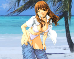 Rule 34 | 1girl, beach, bikini, breasts, brown eyes, brown hair, cleavage, covered erect nipples, day, denim, horibe hiderou, jeans, large breasts, leaning forward, long hair, non-web source, one eye closed, open clothes, open shirt, outdoors, palm tree, pants, shirt, solo, swimsuit, tree, unbuttoned, undressing, unzipped, wink