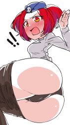 Rule 34 | !, !!, absurdres, ass, ass focus, black panties, black pantyhose, blush, clothes pull, commentary request, garrison cap, haman mahaman, hat, highres, looking at viewer, open mouth, panties, pantyhose, pantyhose pull, red eyes, red hair, shirt, short hair, simple background, tour guide from the underworld, two-tone eyes, underwear, white background, white shirt, yellow eyes, yu-gi-oh!