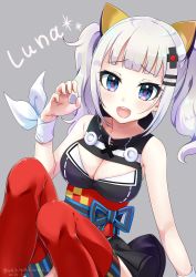 Rule 34 | 1girl, :d, absurdres, bare shoulders, black dress, blue eyes, blush, breasts, character name, cleavage, cleavage cutout, clothing cutout, commentary request, dated, dress, grey background, hair ornament, highres, kaguya luna, large breasts, long hair, looking at viewer, neki (wakiko), obi, open mouth, red thighhighs, sash, silver hair, simple background, sleeveless, sleeveless dress, smile, solo, the moon studio, thighhighs, twintails, twitter username, virtual youtuber