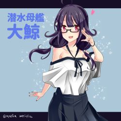 Rule 34 | 1girl, ahoge, alternate costume, bespectacled, black-framed eyewear, blue skirt, collarbone, commentary request, glasses, hair flaps, hair ornament, heart, hebitsukai-san, highres, kantai collection, long hair, looking at viewer, low twintails, nail polish, off-shoulder shirt, off shoulder, open mouth, purple hair, red eyes, red nails, semi-rimless eyewear, shirt, skirt, solo, taigei (kancolle), translation request, twintails, under-rim eyewear, whale hair ornament, white shirt