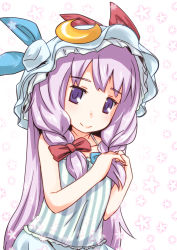 Rule 34 | 1girl, bare shoulders, bow, braid, crescent, crescent hair ornament, hair bow, hair ornament, hat, hat bow, lingerie, long hair, mayuge inu, negligee, patchouli knowledge, purple eyes, purple hair, sleeveless, solo, touhou, underwear, very long hair