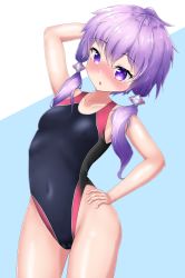 Rule 34 | 1girl, absurdres, arm behind head, arm up, black one-piece swimsuit, breasts, commentary request, competition swimsuit, cowboy shot, embarrassed, hand on own hip, highleg, highleg swimsuit, highres, low twintails, maretto, one-piece swimsuit, purple eyes, purple hair, short hair with long locks, small breasts, solo, swimsuit, twintails, two-tone background, vocaloid, voiceroid, yuzuki yukari