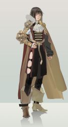 Rule 34 | 1girl, absurdres, armor, belt, blue eyes, boots, brown hair, cape, closed mouth, clothing cutout, controlline3, fantasy, fingernails, frills, gradient background, grey background, hand on own hip, high heel boots, high heels, highres, medium hair, multicolored cape, multicolored clothes, original, pauldrons, red cape, reflection, shoulder armor, sketch, sleeves past wrists, solo, vambraces, yellow cape