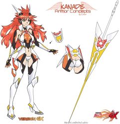 Rule 34 | 1girl, amou kanade, ass, bodysuit, breasts, butt crack, cenori, concept art, formal, highres, large breasts, midriff, navel, polearm, red eyes, red hair, senki zesshou symphogear, solo, spear, suit, weapon