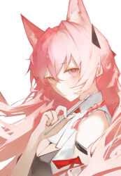 Rule 34 | 1girl, animal ears, arknights, black shirt, breasts, cleavage, extra ears, hair between eyes, hand up, highres, holding, holding pen, large breasts, lch, long hair, looking at viewer, nib pen (object), pen, pink eyes, pink hair, pozyomka (arknights), shirt, simple background, solo, upper body, white background, wolf ears