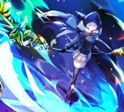 Rule 34 | 1girl, add (fate), black cape, black footwear, black gloves, black jacket, black thighhighs, boots, cape, commentary, english commentary, fate (series), fur-trimmed cape, fur trim, gloves, glowing, glowing eyes, gray (fate), grey skirt, highres, holding, holding scythe, holding weapon, hood, hood up, hooded cape, jacket, long sleeves, looking away, looking to the side, lord el-melloi ii case files, nekoya (liu), plaid, plaid skirt, pleated skirt, scythe, silver hair, skirt, standing, thighhighs, v-shaped eyebrows, weapon, yellow eyes