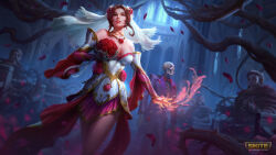 Rule 34 | 1girl, absurdres, bare shoulders, breasts, bridal veil, brown eyes, brown hair, cleavage, copyright name, detached sleeves, dress, falling petals, flower, gaston aguilera, hair flower, hair ornament, highres, holding, holding flower, jewelry, logo, medium breasts, necklace, official alternate costume, persephone (smite), persephone (smite) (necromancer), petals, red flower, red petals, red rose, rose, skeleton, smite, solo focus, veil