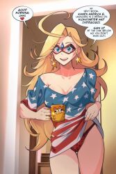 Rule 34 | 1girl, american flag shirt, artist request, blonde hair, blue eyes, blue nails, blush, breasts, collarbone, dangle earrings, earrings, english text, jewelry, kamen america, kamen america (comic), large breasts, long hair, multicolored nails, open mouth, panties, parted bangs, red nails, red panties, second-party source, smile, solo, speech bubble, star (symbol), star earrings, underwear