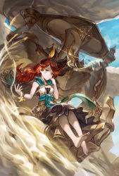 Rule 34 | 10s, 1girl, bare legs, bare shoulders, barefoot, blue eyes, blue sky, blush, bracelet, cape, day, dress, ecens, feet, finger to mouth, grafos, granblue fantasy, hairband, hand to own mouth, highres, jewelry, long hair, pinky to mouth, red hair, sand, sara (granblue fantasy), sky, solo