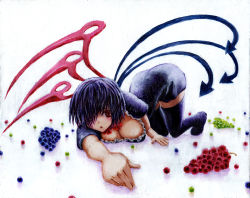 Rule 34 | 1girl, :&lt;, all fours, asymmetrical wings, black hair, black thighhighs, bow, breasts, cleavage, dress, female focus, food, fruit, grapes, hair over one eye, houjuu nue, kabaji, large breasts, looking at viewer, no shoes, oil painting (medium), painting (medium), red eyes, short hair, short sleeves, simple background, solo, thighhighs, touhou, traditional media, white background, wings, zettai ryouiki
