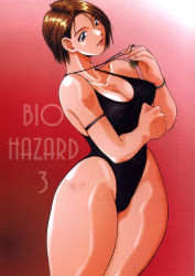 Rule 34 | bare shoulders, blue eyes, breasts, brown hair, cleavage, jewelry, jill valentine, large breasts, necklace, resident evil, see-through, short hair, solo, swimsuit, thick thighs, thighs