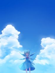 Rule 34 | 1girl, :d, ^ ^, blue bow, blue dress, blue hair, bow, cirno, closed eyes, cloud, cowboy shot, day, dress, closed eyes, facing viewer, hair bow, ice, ice wings, looking at viewer, neck ribbon, open mouth, outdoors, puffy short sleeves, puffy sleeves, red ribbon, ribbon, sakizaki saki-p, short hair, short sleeves, sky, smile, solo, touhou, wings
