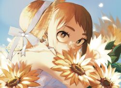 Rule 34 | 1girl, artist name, bare shoulders, blue ribbon, boku no hero academia, bright pupils, brown eyes, brown hair, commentary, covered mouth, dress, eyelashes, falling petals, flower, from side, glowing, hat, hat ribbon, head down, highres, knees to chest, knees up, leaf, leaning forward, looking at viewer, looking to the side, outdoors, petals, reallyveverka, ribbon, short hair, sidelighting, sidelocks, sitting, sleeveless, sleeveless dress, solo, spaghetti strap, straw hat, sundress, sunflower, swept bangs, upper body, uraraka ochako, white dress, white pupils, yellow flower