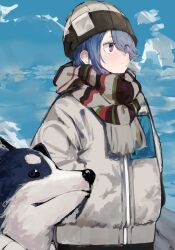 Rule 34 | 1girl, absurdres, animal, beanie, blue hair, closed mouth, coat, dog, expressionless, eyes visible through hair, hair over one eye, hands in pockets, hat, highres, looking ahead, maegami (daisuki oekaki1), outdoors, purple eyes, scarf, shima rin, short hair, sketch, sky, solo, standing, white coat, yurucamp