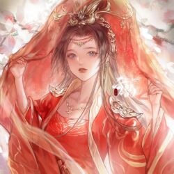 Rule 34 | 1girl, artist request, blue eyes, brown hair, circlet, doupo cangqiong, dress, earrings, highres, holding veil, jacket, jewelry, long hair, long sleeves, necklace, parted lips, red dress, red jacket, red nails, second-party source, solo, teeth, tiara, upper body, veil, yun yun (doupo cangqiong)