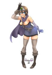 Rule 34 | 1girl, bare shoulders, belt, blue eyes, blush, boots, breasts, brown hair, cape, circlet, dragon quest, dragon quest iii, elbow gloves, gloves, large breasts, roto (dq3), shindol, short hair, solo, square enix, thighhighs
