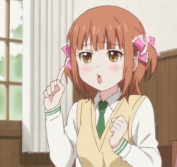 Rule 34 | 1girl, ;q, animated, animated gif, blush, bow, brown eyes, brown hair, curtains, finger gun, hair bow, kurahashi riko, love lab (manga), lowres, necktie, one eye closed, pointing, school uniform, screencap, short hair, smile, solo, star (symbol), symbol-shaped pupils, tongue, tongue out, vest, window, wink, winking (animated)