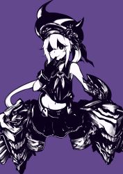Rule 34 | 10s, 1girl, absurdres, abyssal ship, biting, black gloves, black serafuku, cannon, choker, closed mouth, cropped legs, destroyer princess, glove biting, gloves, groin, hat, headgear, highres, horns, kantai collection, long hair, looking at viewer, machinery, midriff, miniskirt, monochrome, navel, purple background, purple theme, school uniform, serafuku, shade, side ponytail, simple background, skirt, sleeveless, smile, solo, stomach, yamano (yamanoh)