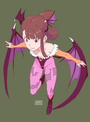 Rule 34 | 1girl, artist name, breasts, brown hair, cosplay, demon girl, demon wings, green background, hanamuko, kagari atsuko, little witch academia, medium hair, morrigan aensland, morrigan aensland (cosplay), ponytail, red eyes, revealing clothes, scrunchie, simple background, small breasts, solo, vampire (game), wings