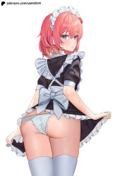 Rule 34 | 1girl, absurdres, ass, back bow, black dress, blue eyes, blush, bow, butt crack, clothes lift, commentary, doki doki literature club, dress, dress lift, english commentary, frilled panties, frills, highres, lifting own clothes, looking at viewer, looking back, maid, maid headdress, panties, parted lips, red eyes, sayori (doki doki literature club), short hair, simple background, solo, standing, thighhighs, thighs, underwear, white background, white panties, white thighhighs, yami (rear4742)