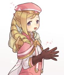 Rule 34 | 1boy, beret, blonde hair, brown gloves, capelet, commentary request, drill hair, fire emblem, fire emblem fates, forrest (fire emblem), gloves, gold trim, grey eyes, haconeri, hat, long hair, male focus, nintendo, open mouth, pink capelet, simple background, smile, solo, trap, twin drills, upper body, white background