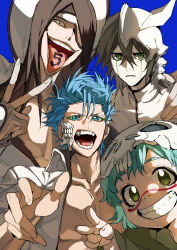 Rule 34 | 1girl, 3boys, absurdres, bleach, blue background, blue eyes, blue hair, child, closed mouth, eyepatch, green eyes, grimmjow jaegerjaquez, grin, highres, jacket, looking at viewer, multiple boys, nelliel tu odelschwanck, nnoitra gilga, open clothes, open jacket, short hair, simple background, smile, spiked hair, teeth, tongue, tongue out, ulquiorra cifer, v, xi luo an ya
